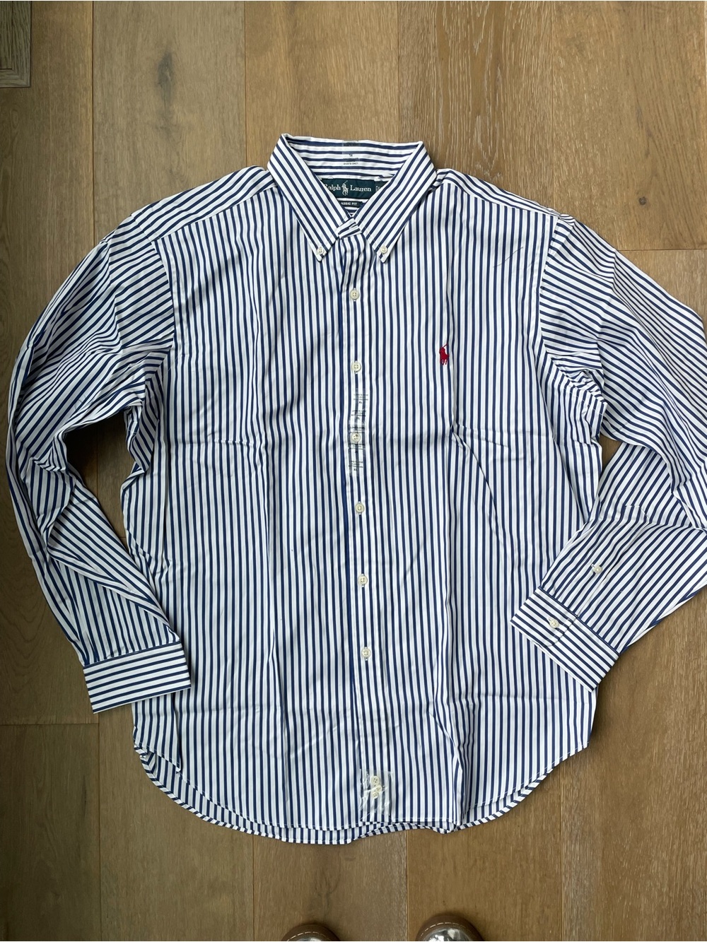Ralph Lauren Men’s White and Navy Striped Button-Down Shirt XL